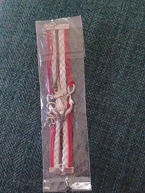 Red and White Braided Multi-Strand 'Love' Charm Bracelet